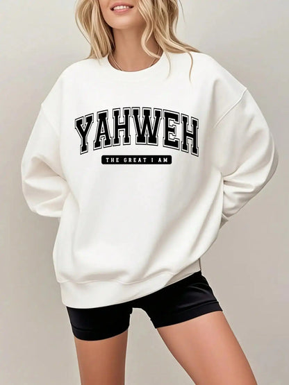 Women's Oversized Crewneck Sweatshirt with Bold Arch Lettering Print