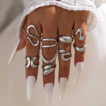 8Pcs/Set Fashion Irregular Lines Water Drop Rings for Women Men Exaggerated Punk Retro Boho Fashion Jewelry Gifts
