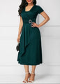 Women Elegant Dress Solid Color Short Sleeve V Neck Midi Dresses