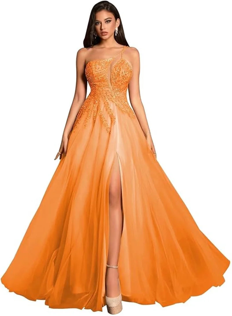 Customized Beaded Tulle Prom Dresses 2025 with Pockets Spaghetti Strap Formal Evening Dresses with Slit