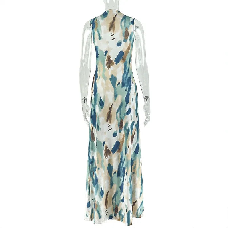 Women Sexy O-neck Sleeveless Dress Fashion Sundress Print Long Dresses Casual Street Party Maxi Dress Femme Vestidos