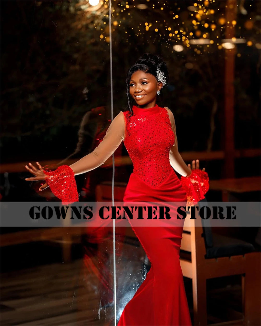 Stunning Red Aso Ebi Mermaid Evening Dresses Long Sleeves Bead Elegant Party Dress For Women 2025 African Formal Gown Customized