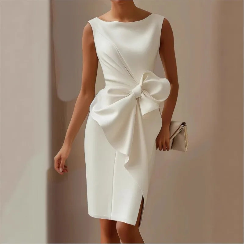 Elegant Evening Party Dresses For Women  Sleeless Slim Waist Big Bow Lace-up Hem Slit White Dress Robe Femme