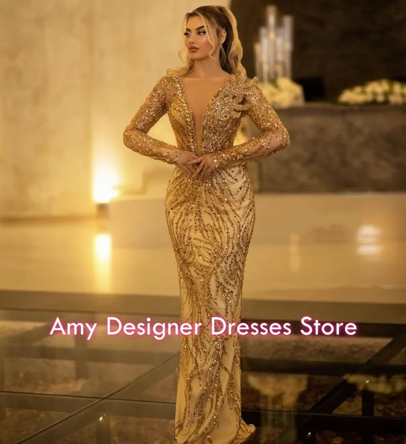 Gorgeous Gold Evening Dresses Sequin Crystal Mermaid Party Dress Sheer Neck German Prom Gowns Long Sleeves Customized