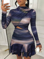 White Gold Floral Print Long Sleeve Cut-Out Mini Dress with Ruched Waist
