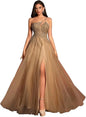 Customized Beaded Tulle Prom Dresses 2025 with Pockets Spaghetti Strap Formal Evening Dresses with Slit