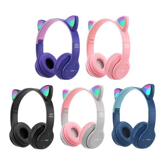 Kids Headphones,Cute Cat Ear LED Light up Bluetooth 5.0 Compatible Headset with Led Wireless Headset Stereo Folding Sports Headset with Microphone