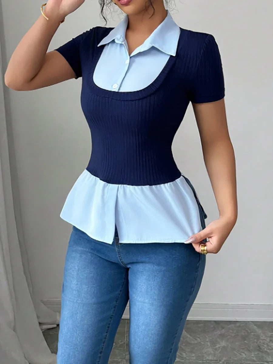Women's T-shirt Spring Summer Navy Blue Light Blue Contrast Ruffle Hem Valentine's Day Elegant Casual Daily Office Top
