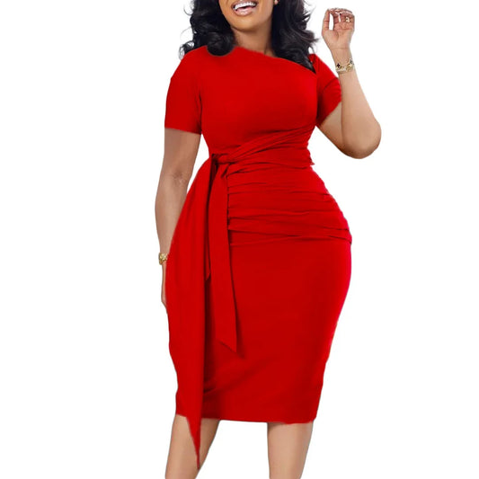 Women Dress Bodycon Dresses Round Neck Sleeveless Slim Sheath Pleated High Waist