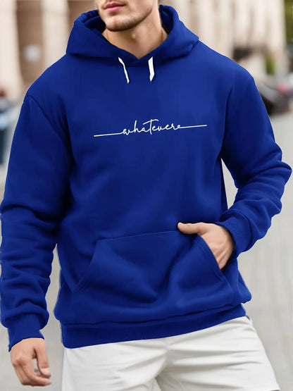 Men's winter casual fashion loose plus size simple letter printed fleece pullover long sleeved hooded sweatshirt