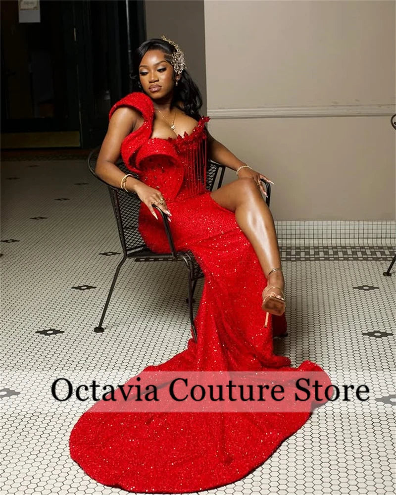 Aso Ebi Red Tassels Crystal Mermaid Evening Dresses 2025 Beaded African Wedding Party Gowns For Women Prom Dress Customized