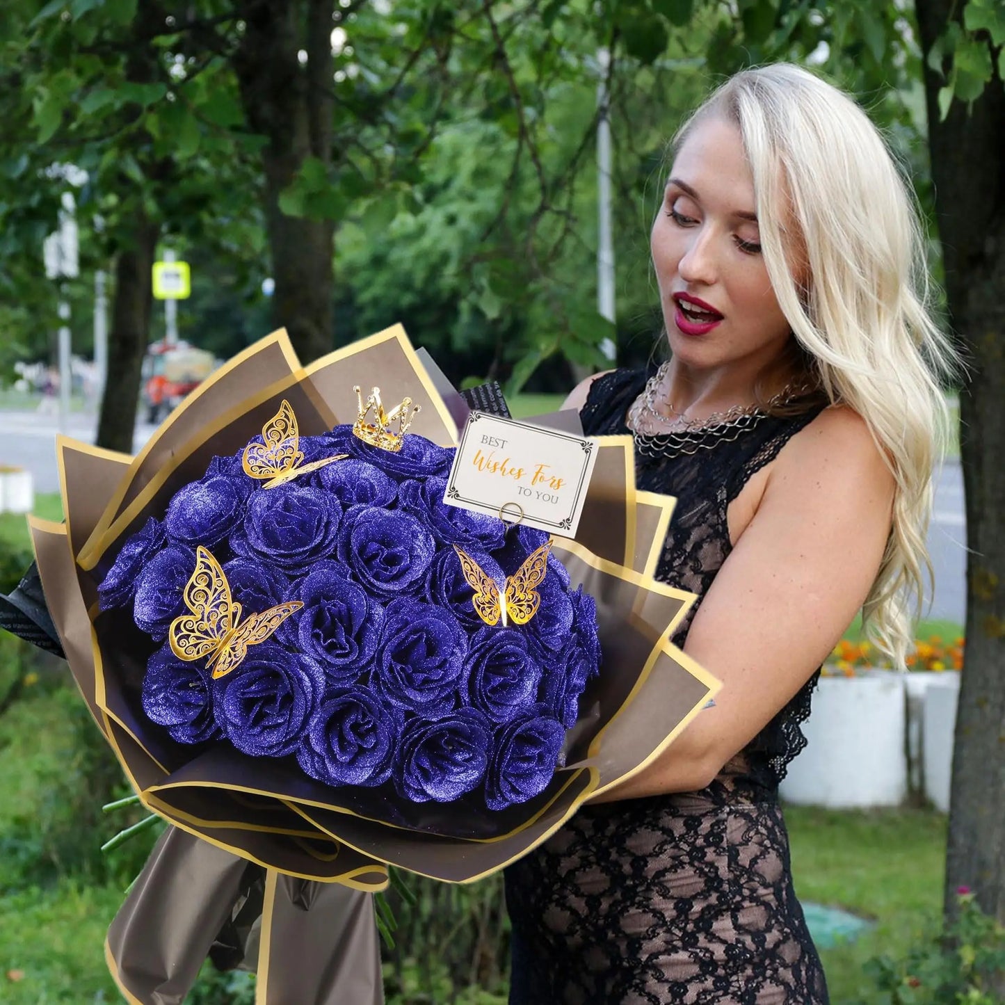 DIY Glitter Roses Bouquet 24 Pack Fake Shiny Flowers with Stems Eternal Floral Wedding Bouquets Anniversary Birthday Party Decor