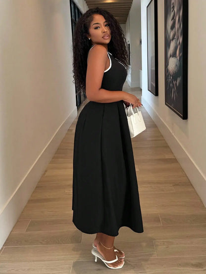 Black Solid A-Line Dress with White Trim U-Neck, Sleeveless Midi for Office or Casual