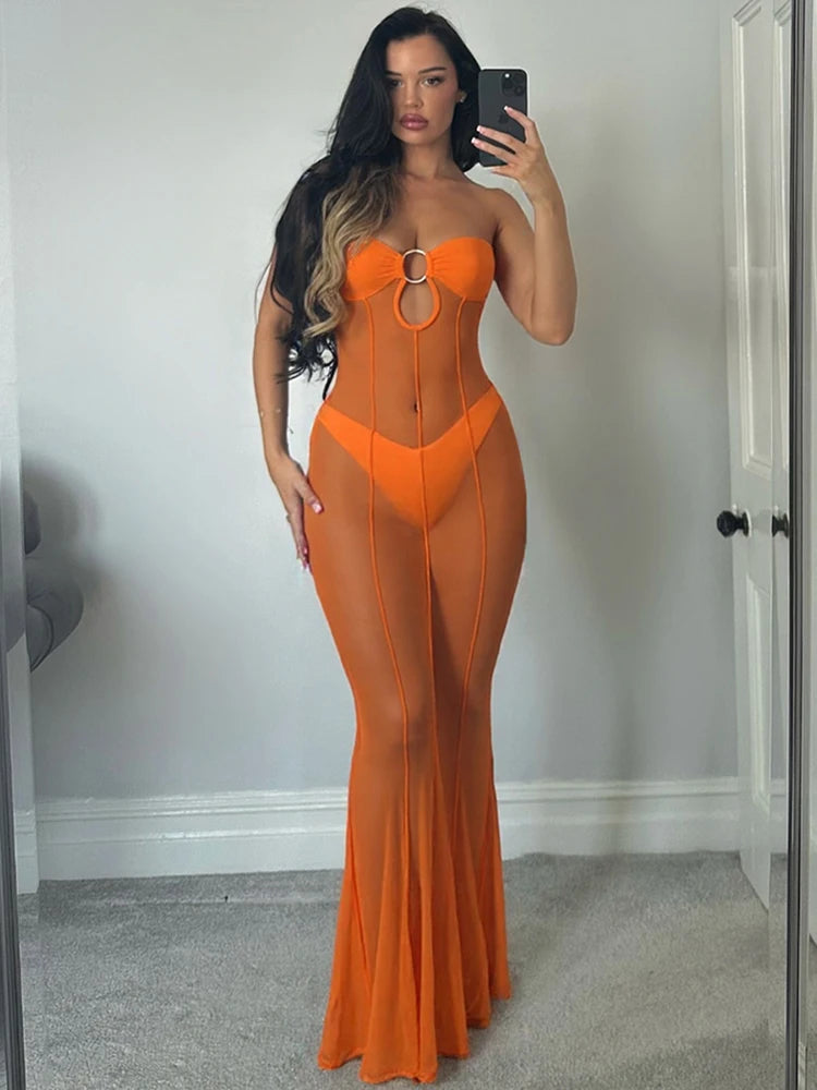 women Maxi Dress Patchwork See Through Sexy Slim Strapless Elastic Fit Beach Party