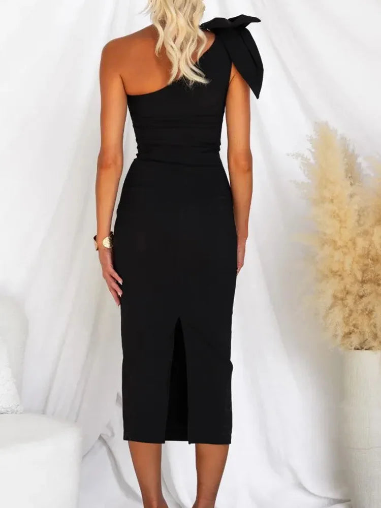 Women Fashion Maxi Dress, Sleeveless One Off Shoulder Elegant Party Dress, Skew Collar Bow Ladies Sheath Dress