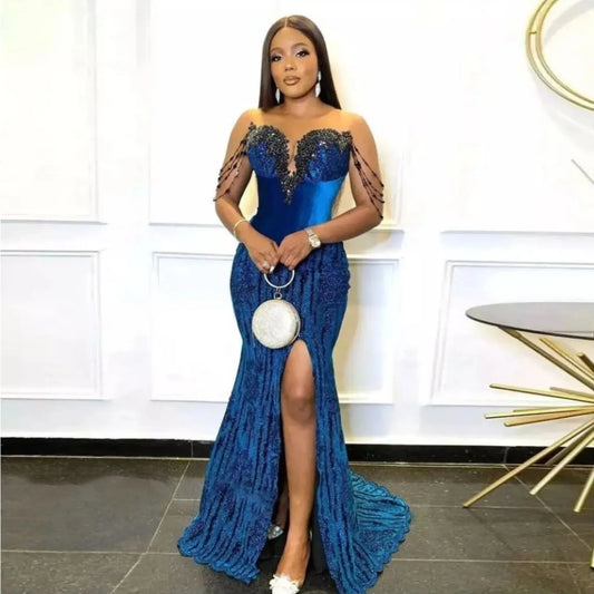 Gorgeous Mermaid Evening Dresses African Women Long Velvet Beads Aso Ebi Prom Dress Sweetheart Elegant Formal Gown Royal Blue