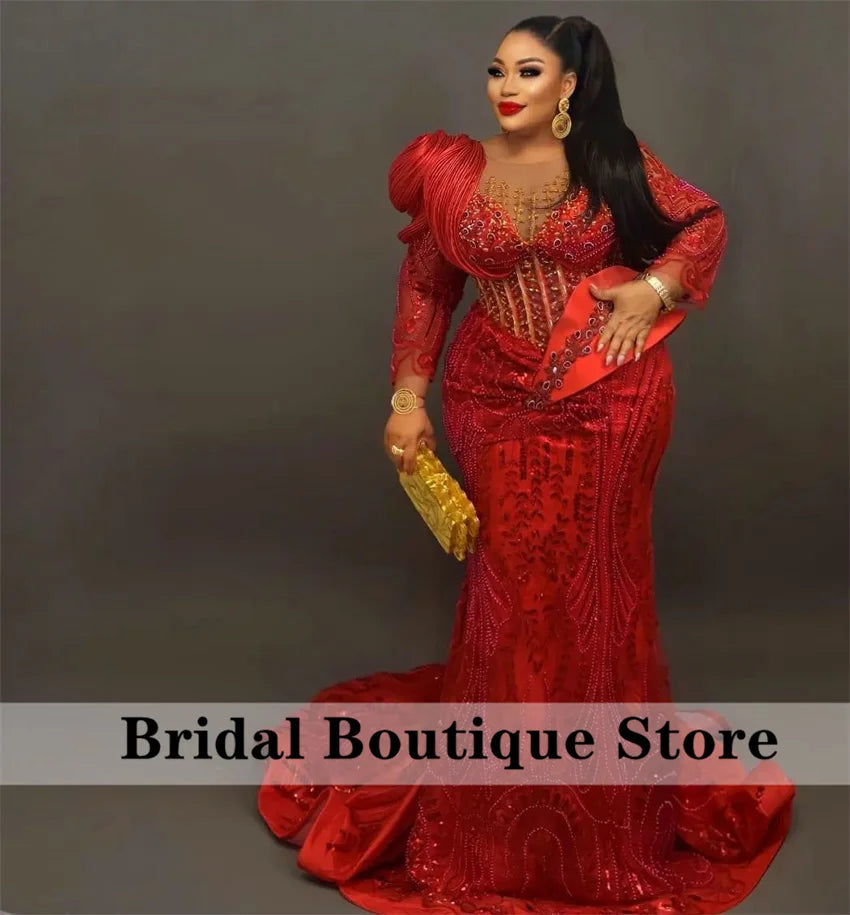 Luxury Red Mermaid Evening Dress Crystal Beading Birthday Wedding Prom Party Gowns Aso Ebi Robes De Soirée Customized
