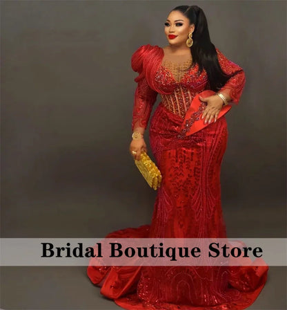 Luxury Red Mermaid Evening Dress Crystal Beading Birthday Wedding Prom Party Gowns Aso Ebi Robes De Soirée Customized