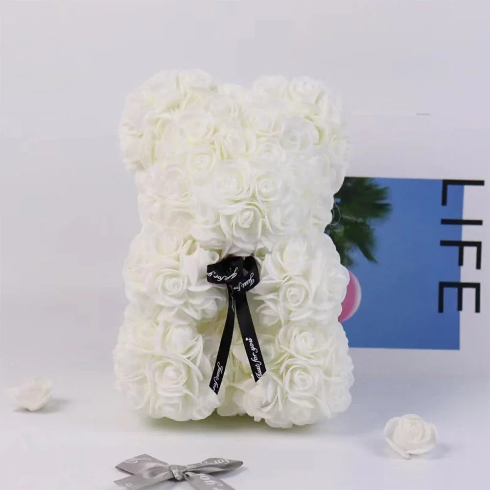 25cm Artificial Teddy Rose Flower Bear with Box Romantic Valentines Day Gift Girlfriend Women Anniversary Wedding Party Supplies