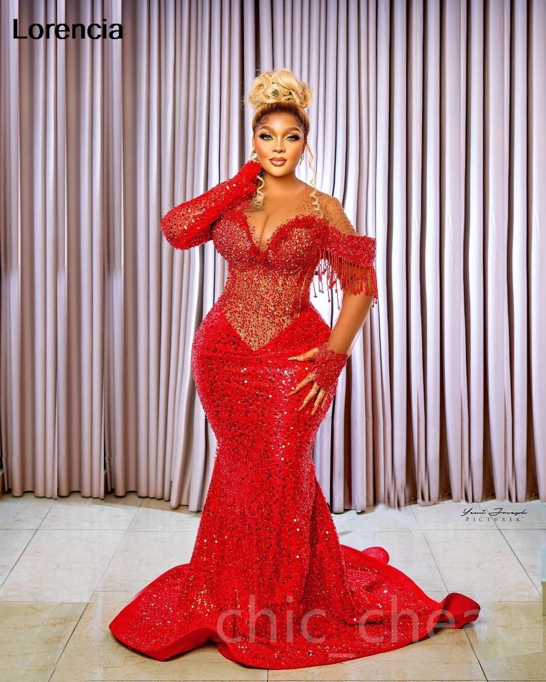 Customized Glitter Red Arabic Prom Dress Aso Ebi Sequins Beaded Women Long Sleeve Wedding Party Dress Birthday Gown YPD235