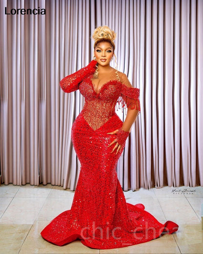 Customized Glitter Red Arabic Prom Dress Aso Ebi Sequins Beaded Women Long Sleeve Wedding Party Dress Birthday Gown YPD235