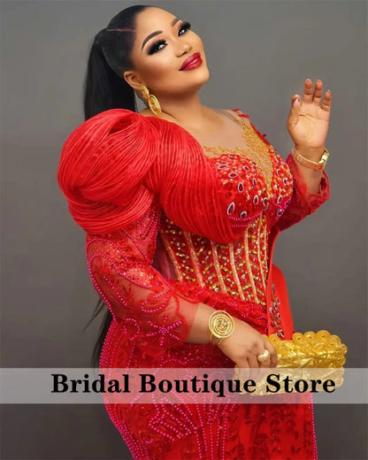 Luxury Red Mermaid Evening Dress Crystal Beading Birthday Wedding Prom Party Gowns Aso Ebi Robes De Soirée Customized