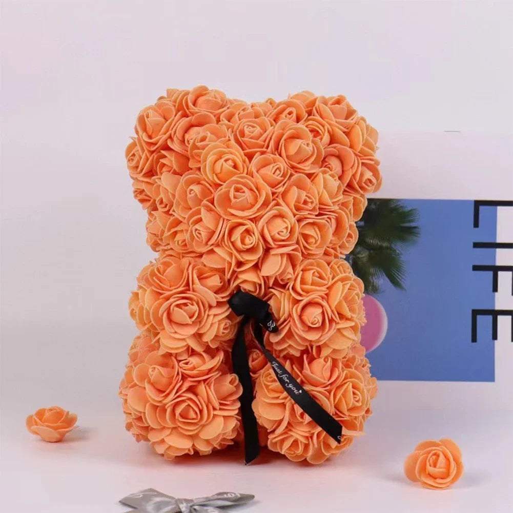 25cm Artificial Teddy Rose Flower Bear with Box Romantic Valentines Day Gift Girlfriend Women Anniversary Wedding Party Supplies