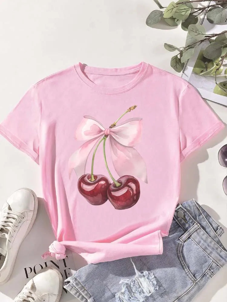 Fashion Cherry Print Women T-Shirt Short Sleeve Crew Neck Casual Tops for Summer Spring Women's Clothing Tops