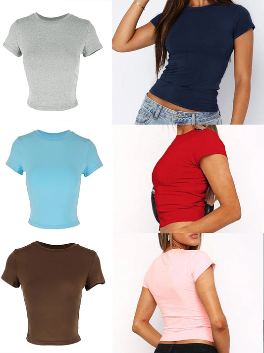 Sexy Women's T-shirt Solid New Summer Streetwear Fashion O-Neck Short Sleeve Top Simple Basic Versatile Lady Casual Slim T-shirt