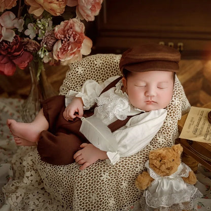 3Pcs Newborn Boy Photography Outfits Shirts Suspender Pants with Beret Set Gentleman Suit Infant Boys'Costumes Photo Accessories