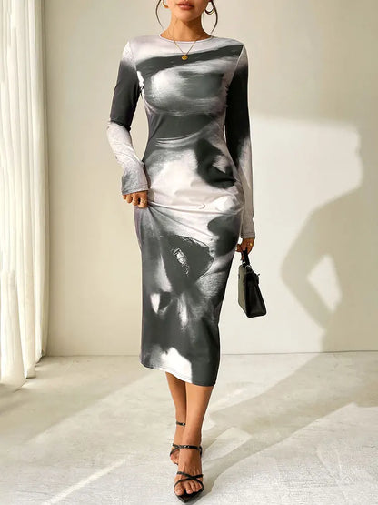 Spring Summer Women Dresses New Black Print Casual Slim O-Neck Simple Long Sleeves Dress Fashion Elegant Party Sexy Maxi Dress
