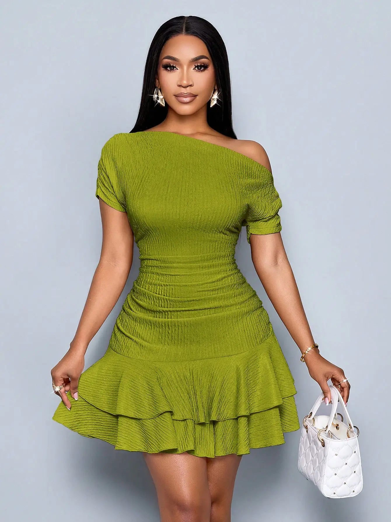 Off-Shoulder Ruched Mini Dress with Tiered Ruffle Hem in Apricot