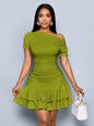 Off-Shoulder Ruched Mini Dress with Tiered Ruffle Hem in Apricot