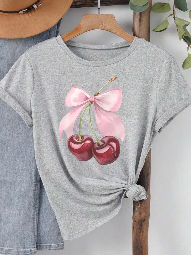 Fashion Cherry Print Women T-Shirt Short Sleeve Crew Neck Casual Tops for Summer Spring Women's Clothing Tops