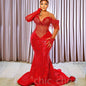 Customized Glitter Red Arabic Prom Dress Aso Ebi Sequins Beaded Women Long Sleeve Wedding Party Dress Birthday Gown YPD235