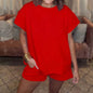 Women's Cotton Set Casual Loose Solid Color Two piece Set Round Neck Short sleeved Top and Shorts Two piece Set S-2XL