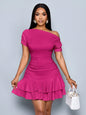 Off-Shoulder Ruched Mini Dress with Tiered Ruffle Hem in Apricot