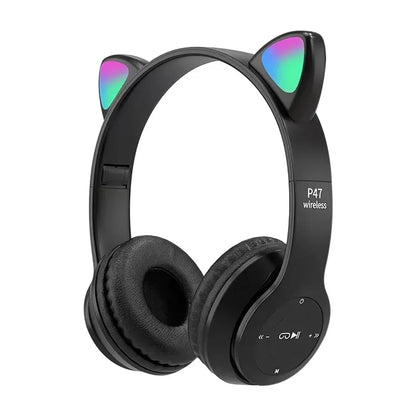 Kids Headphones,Cute Cat Ear LED Light up Bluetooth 5.0 Compatible Headset with Led Wireless Headset Stereo Folding Sports Headset with Microphone