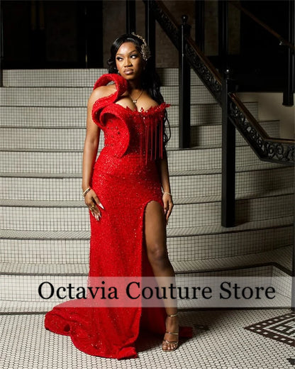 Aso Ebi Red Tassels Crystal Mermaid Evening Dresses 2025 Beaded African Wedding Party Gowns For Women Prom Dress Customized