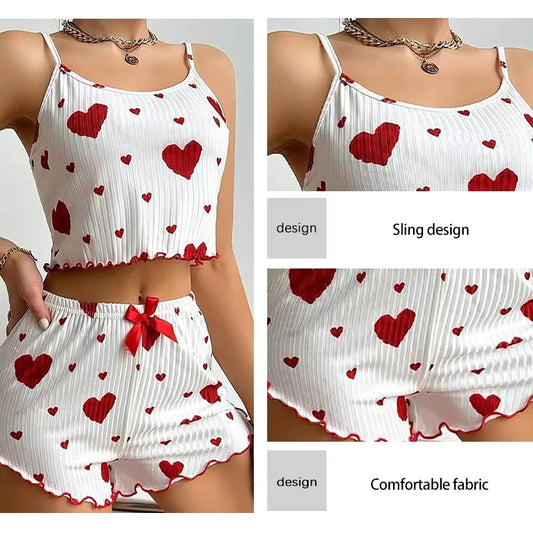 Women's Pajama Set Breathable Soft Casual Love Printed Design Sweet Home Strap Shorts Pajamas