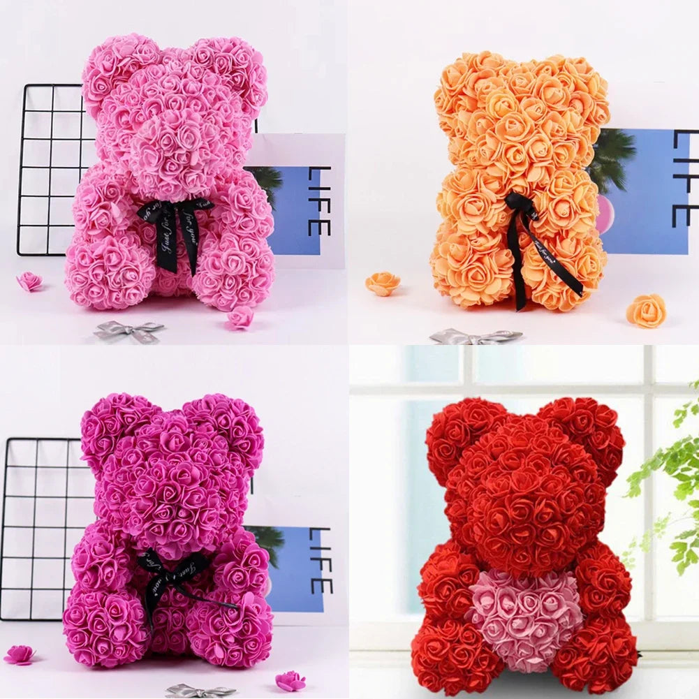 25cm Artificial Teddy Rose Flower Bear with Box Romantic Valentines Day Gift Girlfriend Women Anniversary Wedding Party Supplies