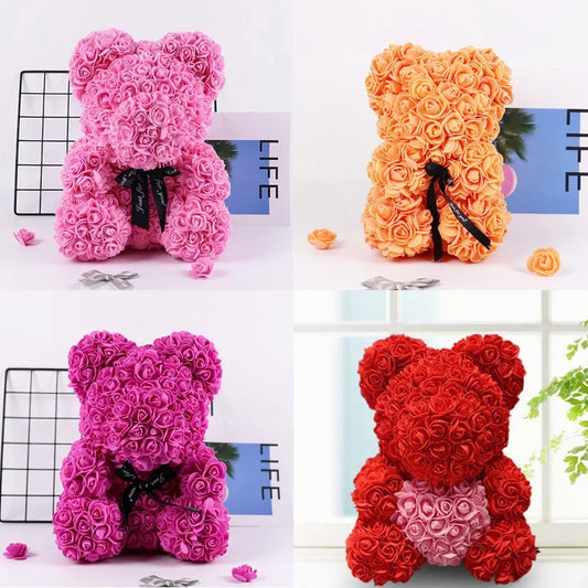 25cm Artificial Teddy Rose Flower Bear with Box Romantic Valentines Day Gift Girlfriend Women Anniversary Wedding Party Supplies