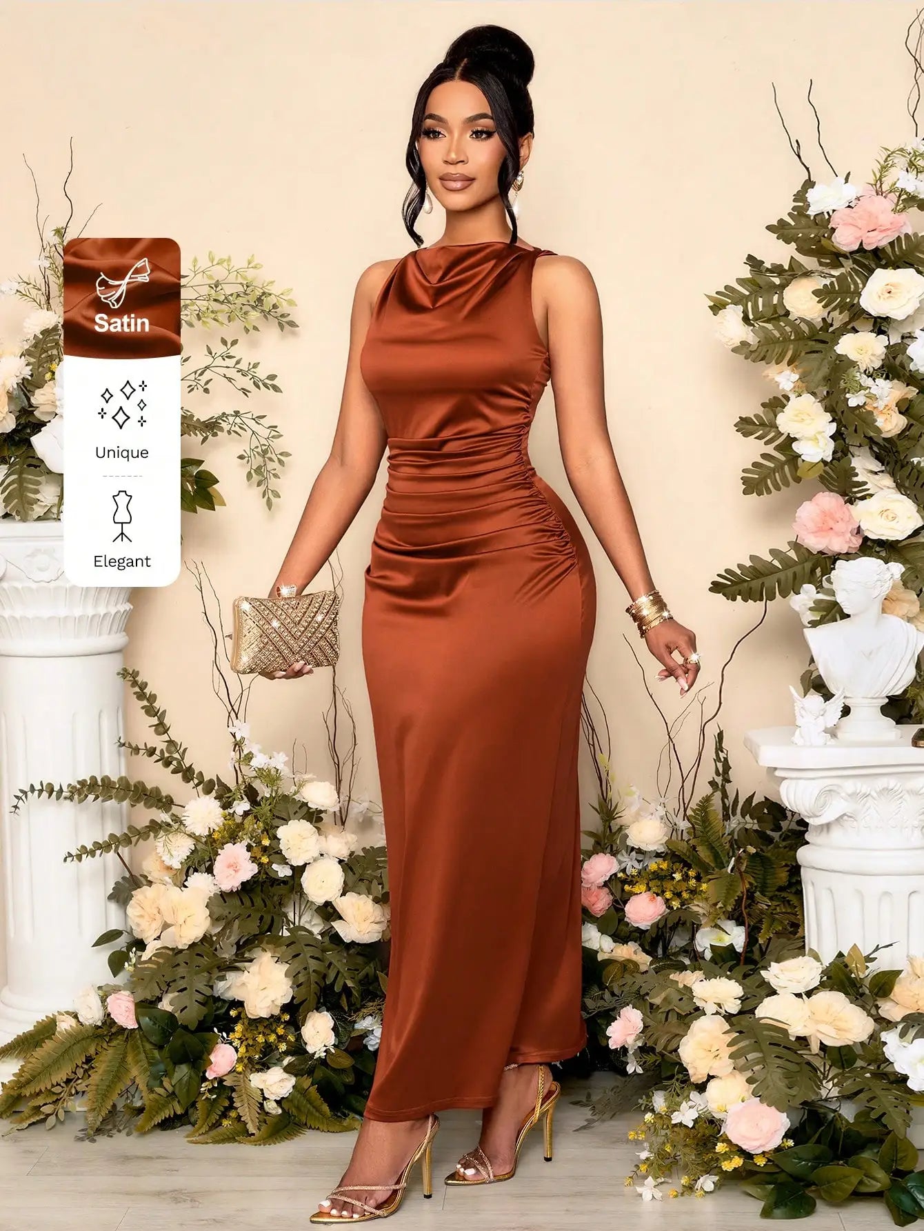 SOLERSUN Women's Elegant Solid Color Drape Neck Ruched Sleeveless Party Dress,Perfect For Banquets