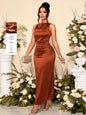 SOLERSUN Women's Elegant Solid Color Drape Neck Ruched Sleeveless Party Dress,Perfect For Banquets