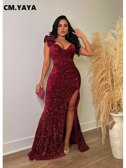 Women One Shoulder Open Back Sequined High Side Split Mermaid Maxi Dress for  Evening Party Dresses