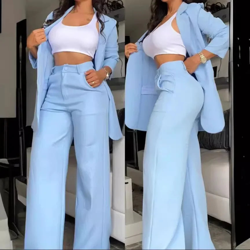 Two  Piece Sets Pants Turn Down Collar Single Breasted Tracksuit Outerwear Ankle Length Straight Pockets Loose