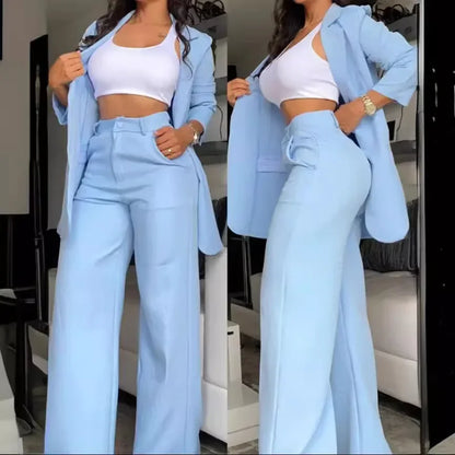 Two  Piece Sets Pants Turn Down Collar Single Breasted Tracksuit Outerwear Ankle Length Straight Pockets Loose