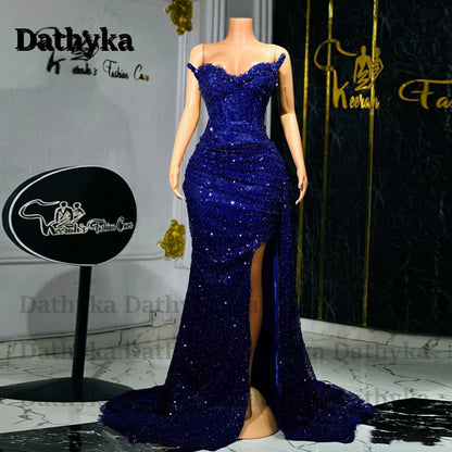 Dathyka Fashionable Crystals Prom Dresses for Women Sequin Mermaid Slit Pleat Strapless Evening Gown Vestidos De Gala Customized
