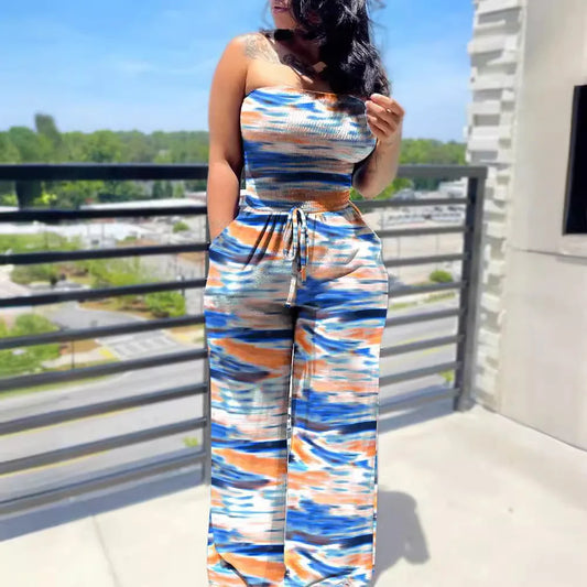 Women's casual Sleeveless Tight Polka Dot Printing Jumpsuits  Elegant And Fashionable Off Shoulder pleated Long pants Rompers