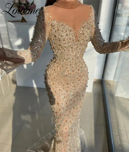 Champagne Long Sleeves Wedding Party Dress Mermaid Beaded Elegant Evening Gowns Arabic Prom Dresses Robes De Soirée Customized